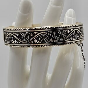 SOLD West Germany Black Enamel Gold Tone Bangle Bracelet 7" Hinged 5/8" Wide